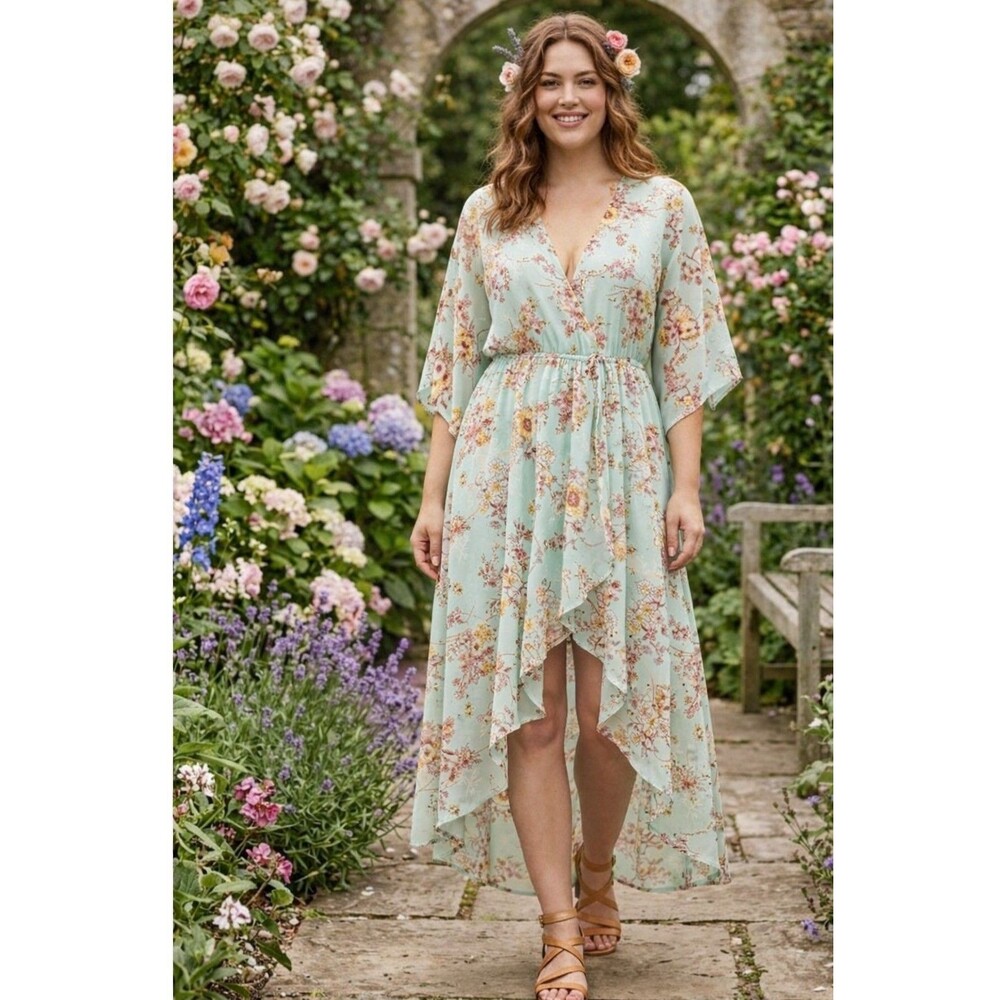 Floral High Low Maxi Dress Size M Mint Green Boho Wrap V-Neck Fairycore Cottage